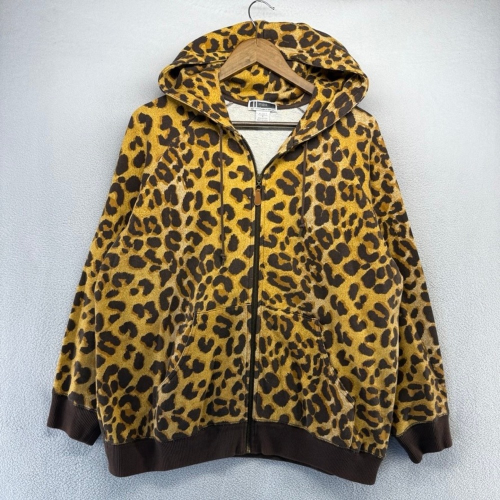 Vintage Jessica London Hoodie Women's XL Brown Leopard Print Cheetah Zip up 90s